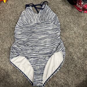 Time and True Blue & White Stripe One Piece Swimsuit Plus Size 1x / 16 W - 18 W
